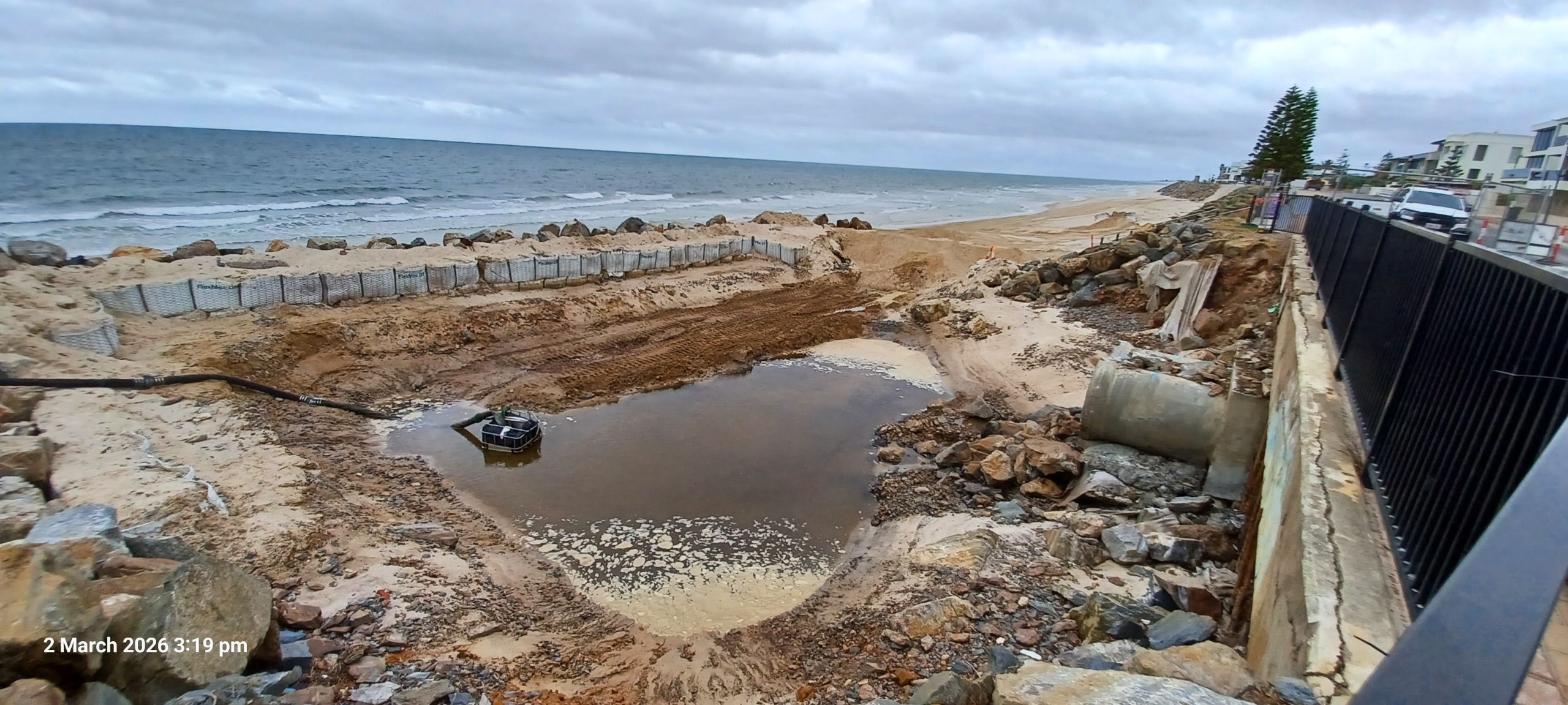 Excavation in the beach temporary dam setup for excavation